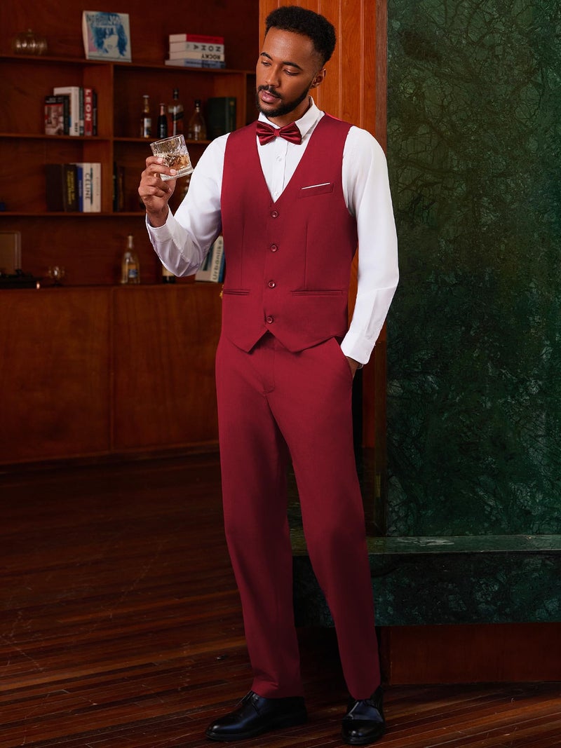MAGE MALE Men's 3 Pieces Suit Elegant Solid One Button Slim Fit Single Breasted Party Blazer Vest Pants Set Red - Image 3